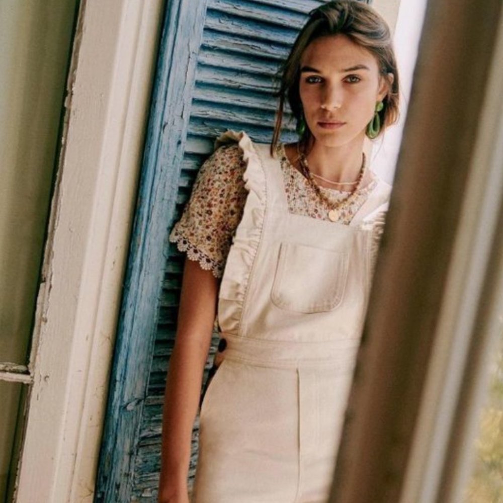 RARE Sezane Rosario Ruffle, Denim Jumpsuit / Overalls in Cream, Size 4 / 36